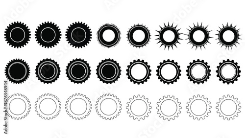A series of black and white circular gears arranged in neat rows