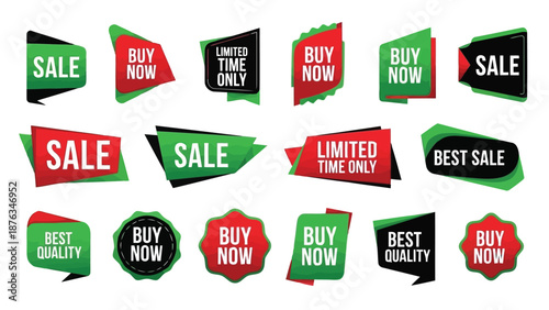 Collection of colorful sale banners and promotional labels with text overlays