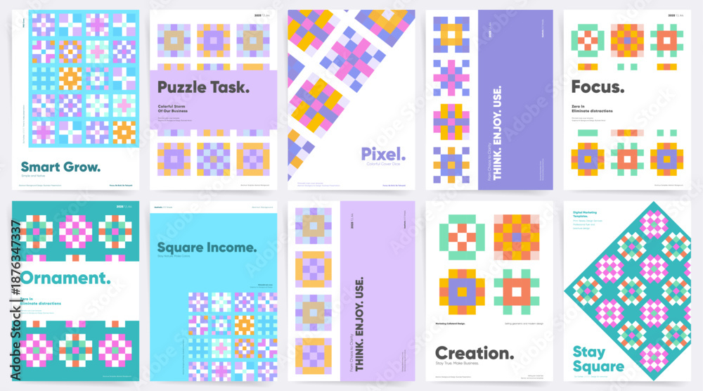 Fototapeta premium Geometric Pixel Grid Posters, Modern Square Mosaic Templates in Soft Pastel Colors for Covers and Presentations