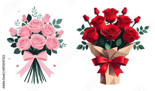 Romantic illustration of red and pink rose bouquets wrapped in paper with ribbon bows for valentine and wedding celebrations