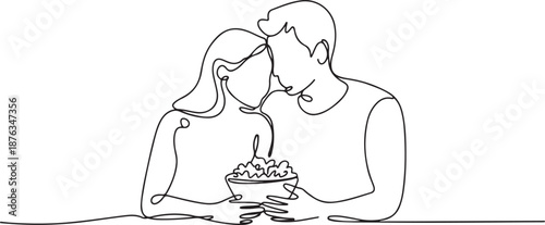 One line drawing of young happy couple male and female relaxing and spending time together eating popcorn. Romantic relationship concept. one line Icon drawing