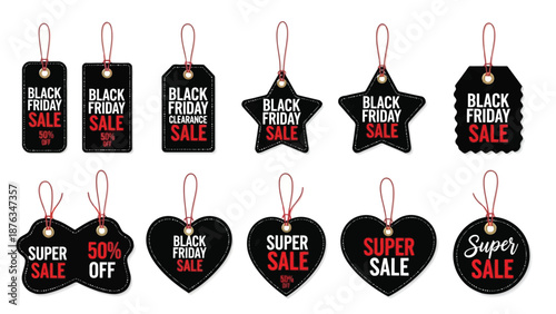 Black friday sale tags and heart shapes on a white background