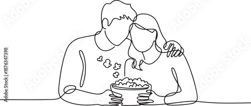 One line drawing of young happy couple male and female relaxing and spending time together eating popcorn. Romantic relationship concept. one line Icon drawing