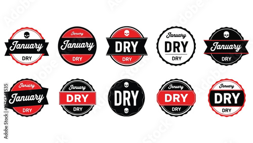 Collection of circular January Dry labels with skull and text designs