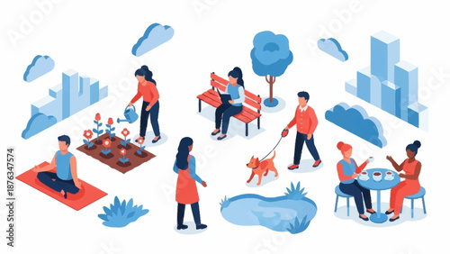 People enjoying leisure activities in a park with cityscape background.