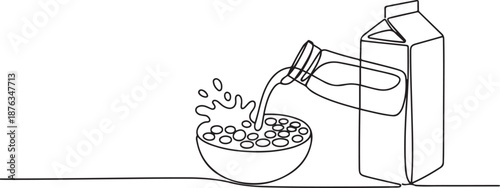 One continuous line drawing of fresh delicious cereal breakfast and milk with gable top carton box. Healthy natural food. Modern single line draw design. one line Icon drawing