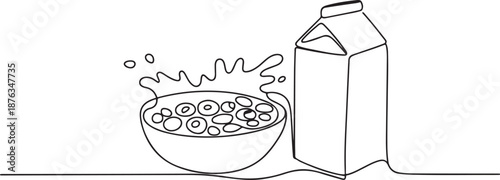 One continuous line drawing of fresh delicious cereal breakfast and milk with gable top carton box. Healthy natural food. Modern single line draw design. one line Icon drawing