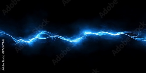 Abstract blue energy wave flowing horizontally across a black background in a digital illustration