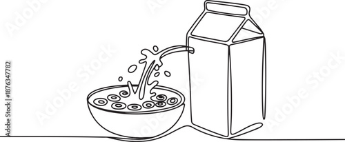 One continuous line drawing of fresh delicious cereal breakfast and milk with gable top carton box. Healthy natural food. Modern single line draw design. one line Icon drawing