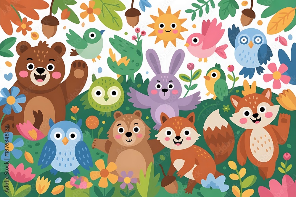 Fototapeta premium Whimsical forest scene with various cartoon animals and flowers