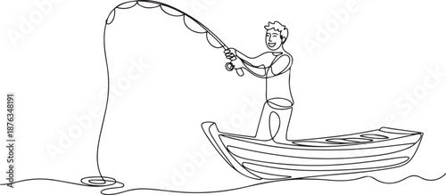 One continuous line drawing of young fisherman happy standing and fishing on the lake from the wooden boat. Fishing leisure hobby vacation concept. one line Icon drawing