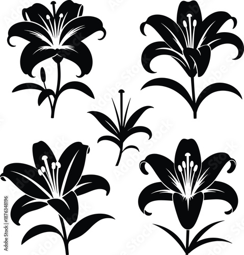 Black lily flower silhouettes set, elegant botanical floral illustration, minimalist nature design, decorative vector artwork isolated on white