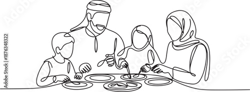 Single one line drawing diner Arabian parents and children together. Family having meal around kitchen table. Happy daddy, mom and kids eating. one line Icon drawing