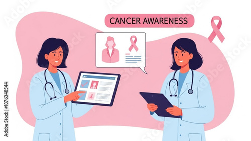 Female doctors discussing cancer awareness with digital tablet and laptop pink ribbon symbol