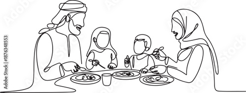 Single one line drawing diner Arabian parents and children together. Family having meal around kitchen table. Happy daddy, mom and kids eating. one line Icon drawing