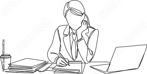 One single line drawing of young pensive female employee works overtime to finish writing company draft business proposal. Business agreement concept. one line Icon drawing