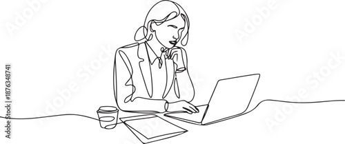 One single line drawing of young pensive female employee works overtime to finish writing company draft business proposal. Business agreement concept. one line Icon drawing