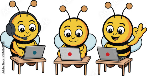 Cute cartoon bee mascot working on laptop set, friendly honeybee characters for tech support, education, kids illustration, branding design