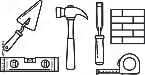 Outline vector illustration of a construction tool set featuring a hammer, trowel, chisel, level, and measuring tape for DIY projects