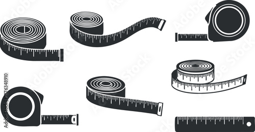 Set of black and white vector illustrations of measuring tape and ruler for design and construction projects