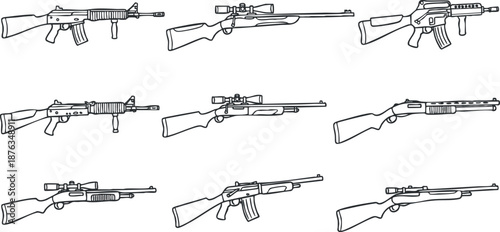 Outline vector illustration set of various rifles showcasing different styles and designs for military and tactical concepts
