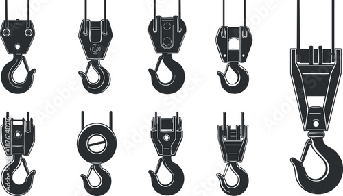 Vector illustration set of various industrial hooks and lifting equipment for construction and engineering projects
