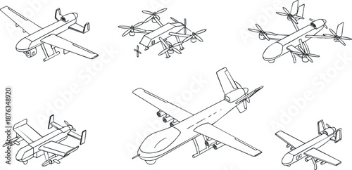 Outline vector illustration set of various drones and aircraft for technology and design projects