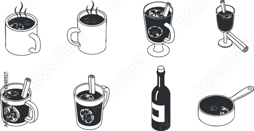 Outline vector illustration of various drinks including coffee, tea, cocktails, and a cooking pot for food and beverage design.