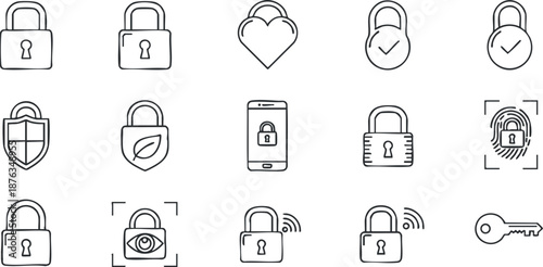 Collection of minimalist outline vector icons representing various security and privacy concepts for digital applications.