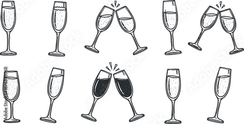 Hand-drawn vector illustration of champagne glasses and toasting icons for celebration and festive event design.