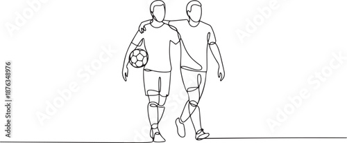 Continuous line drawing of two football player bring a ball and walking together to show sportsmanship. Respect in soccer sport concept. one line Icon drawing