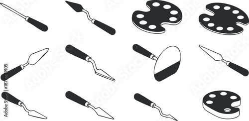 Stylized vector illustration set of art tools including palettes, trowels, and painting instruments for creative projects