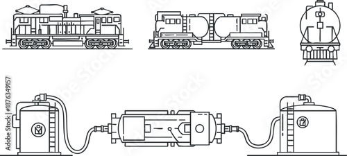 Outline vector illustration of various train engines and components, ideal for transportation design and educational projects