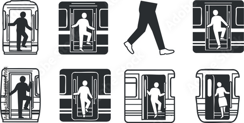 Set of black and white vector icons illustrating subway train entrance and exit actions for urban transportation design