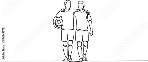 Continuous line drawing of two football player bring a ball and walking together to show sportsmanship. Respect in soccer sport concept. one line Icon drawing