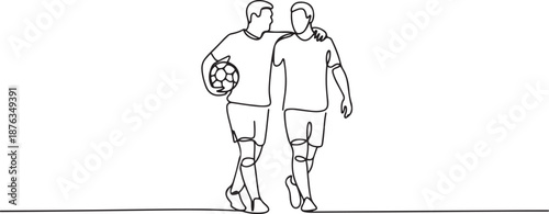 Continuous line drawing of two football player bring a ball and walking together to show sportsmanship. Respect in soccer sport concept. one line Icon drawing