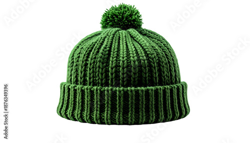 A cozy, green knit winter hat with a pom-pom on top, set against a black background