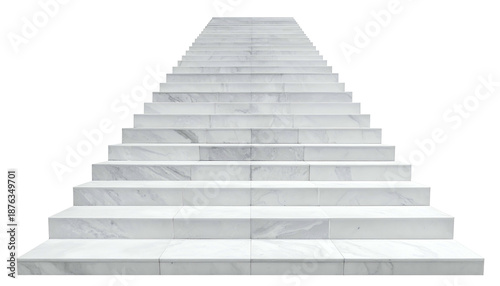 An upward view of white marble stairs against a stark black background, perspective