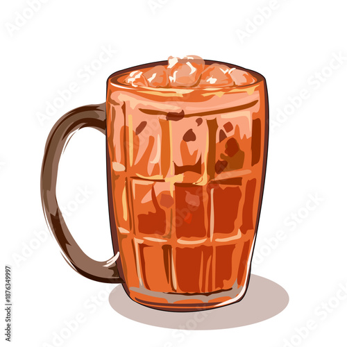 Traditional Thai Tea with Ice Cubes Isolated on White Background