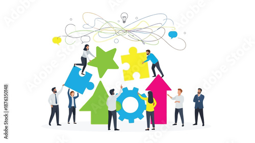 Business team collaboratively builds a complex structure using diverse puzzle pieces for success