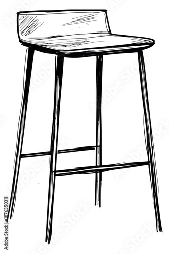 Hand drawn line art illustration of a bar stool depicting a tall, modern seat for interior design and home decor