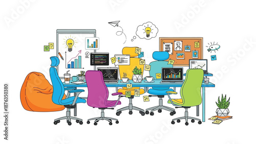 Colorful illustration depicts a collaborative modern office workspace filled with creative brainstorming ideas and technology