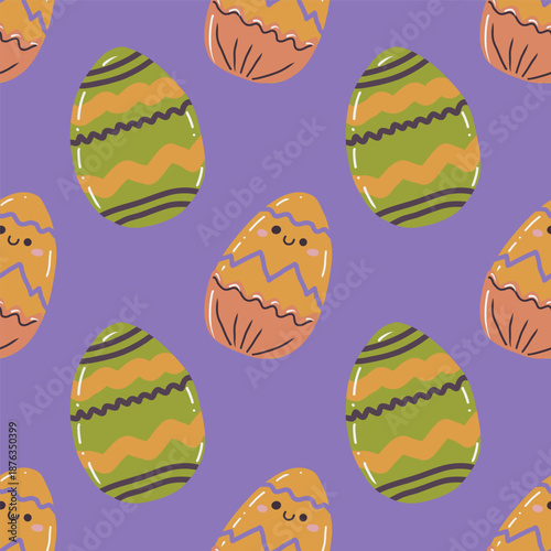 Cute hand drawn Easter seamless pattern with painted easter eggs. Festive vector background.