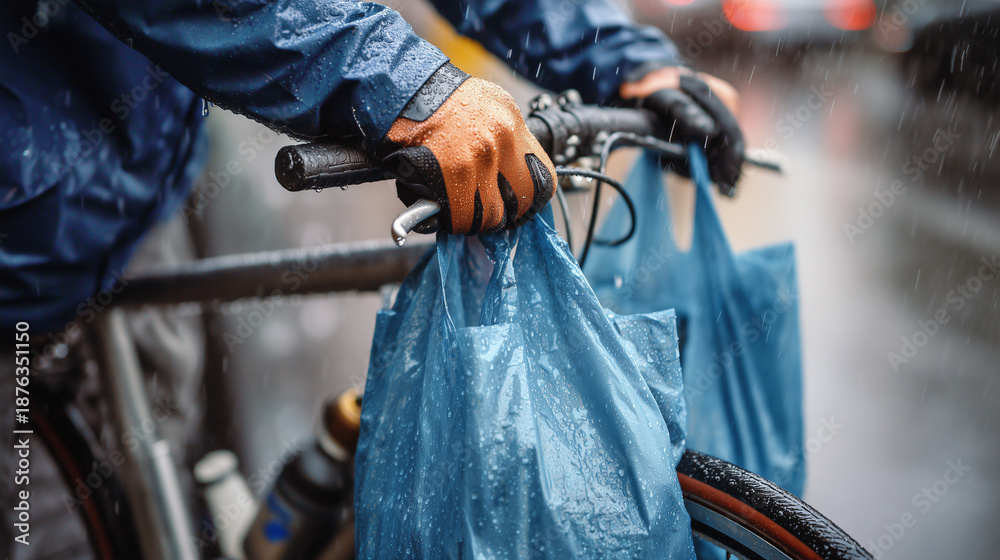 Obraz premium Person carrying groceries on bicycle in the rain.