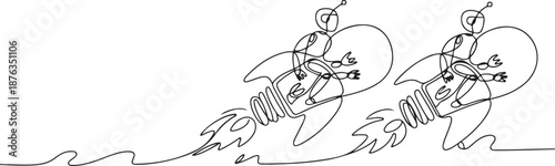 Continuous one line drawing robots riding light bulb rockets. Modern robotics artificial intelligence technology. Electronic technology industry. one line Icon drawing