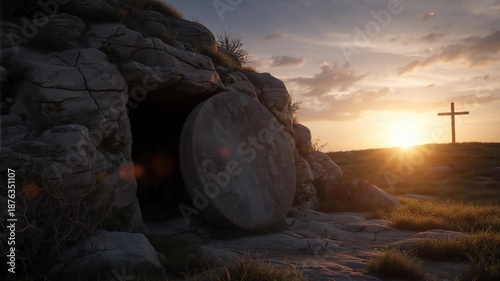 Resurrection of Jesus Christ with stone rolling away from the tomb at sunrise. Empty cave entrance with glowing light and a wooden cross on the hill. Easter religious concept