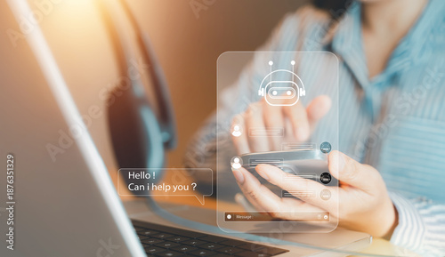 AI CRM support concept with chatbot interface on smartphone. Businesswoman using virtual assistant for customer service. Ideal for AI technology, automation, and digital customer relationship themes