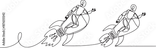 Continuous one line drawing robots riding light bulb rockets. Modern robotics artificial intelligence technology. Electronic technology industry. one line Icon drawing