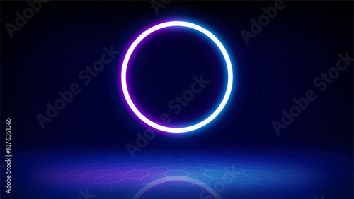 Futuristic blue technology stage background. Circular purple pink neon, led halo spotlight, grid floor. Background for displaying products, presentation, advertising. Tech backdrop. Showcase. Vector