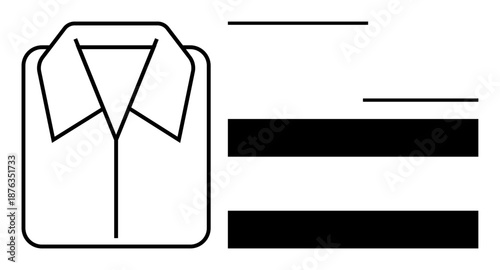 Line art of folded shirt with collar alongside horizontal black bars. Ideal for fashion, branding, textile, retail, identity, simplicity, modern design. Clean simple flat metaphor